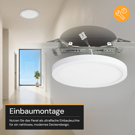 LED CCT Panel, Ein-/Aufbau, 12 W, 1200 lm, Ø165 mm, 5CCT (2700 K– 5700 K), Lochdurchm. variabel, Anschlussbox.