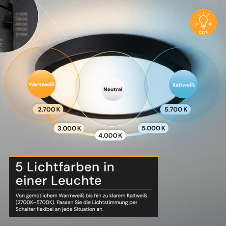 LED CCT Panel, Ein-/Aufbau, Schwarz, 12 W, 1200 lm, Ø165 mm, 5CCT (2700 K– 5700 K), Lochdurchm. variabel, Anschlussbox.