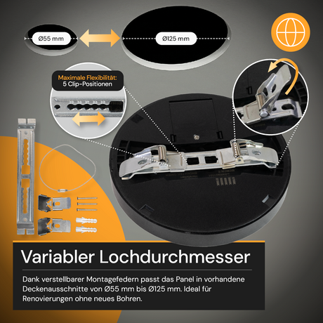 LED CCT Panel, Ein-/Aufbau, Schwarz, 12 W, 1200 lm, Ø165 mm, 5CCT (2700 K– 5700 K), Lochdurchm. variabel, Anschlussbox.