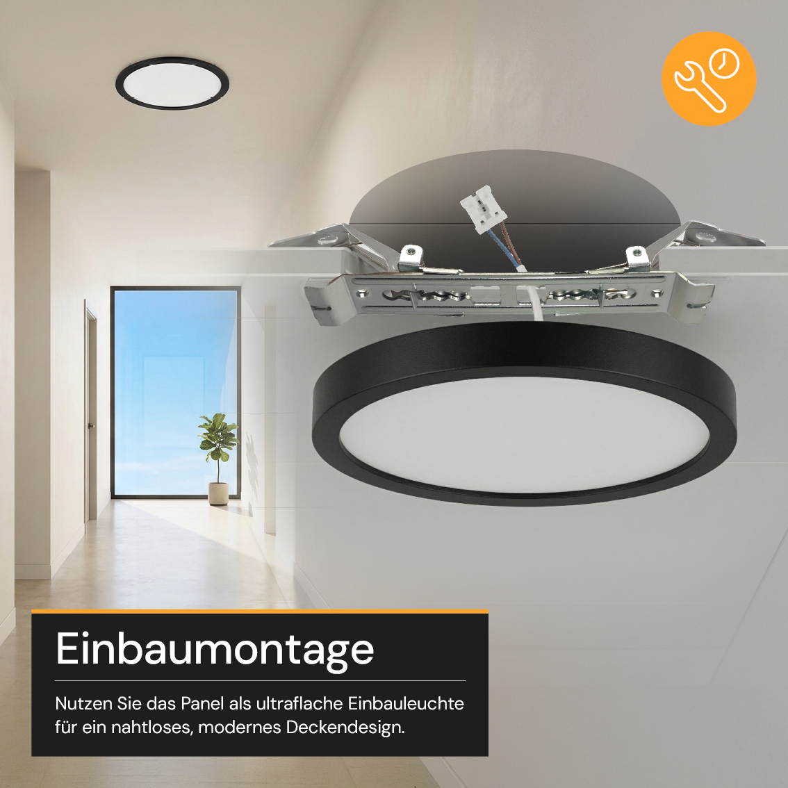 LED CCT Panel, Ein-/Aufbau, Schwarz, 12 W, 1200 lm, Ø165 mm, 5CCT (2700 K– 5700 K), Lochdurchm. variabel, Anschlussbox.