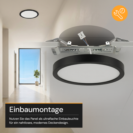 LED CCT Panel, Ein-/Aufbau, Schwarz, 12 W, 1200 lm, Ø165 mm, 5CCT (2700 K– 5700 K), Lochdurchm. variabel, Anschlussbox.