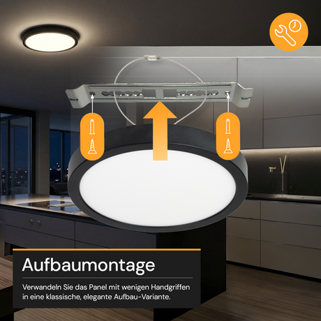 LED CCT Panel, Ein-/Aufbau, Schwarz, 12 W, 1200 lm, Ø165 mm, 5CCT (2700 K– 5700 K), Lochdurchm. variabel, Anschlussbox.