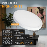 LED CCT Panel, Ein-/Aufbau, 18 W, 1800 lm, Ø215 mm, 5CCT (2700 K– 5700 K), Lochdurchm. variabel, Anschlussbox.