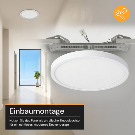 LED CCT Panel, Ein-/Aufbau, 18 W, 1800 lm, Ø215 mm, 5CCT (2700 K– 5700 K), Lochdurchm. variabel, Anschlussbox.