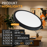 LED CCT Panel, Ein-/Aufbau, Schwarz, 18 W, 1800 lm, Ø215 mm, 5CCT (2700 K– 5700 K), Lochdurchm. variabel, Anschlussbox.
