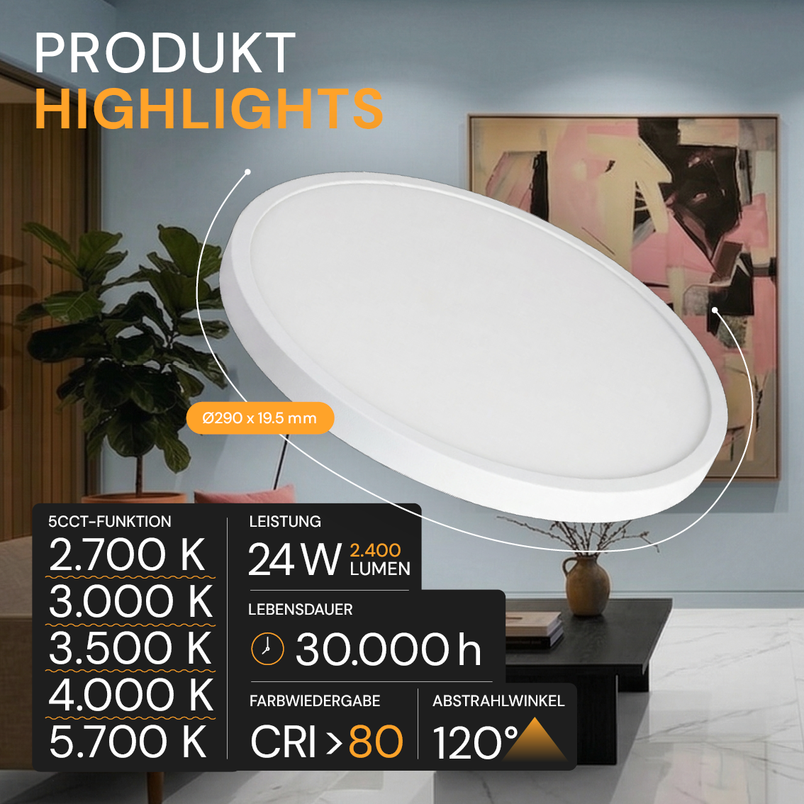 LED CCT Panel, Ein-/Aufbau, 24 W, 2400 lm, Ø290 mm, 5CCT (2700 K– 5700 K), Lochdurchm. variabel, Anschlussbox.