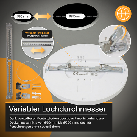 LED CCT Panel, Ein-/Aufbau, 24 W, 2400 lm, Ø290 mm, 5CCT (2700 K– 5700 K), Lochdurchm. variabel, Anschlussbox.