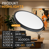 LED CCT Panel, Ein-/Aufbau, Schwarz, 24 W, 2400 lm, Ø290 mm, 5CCT (2700 K– 5700 K), Lochdurchm. variabel, Anschlussbox.