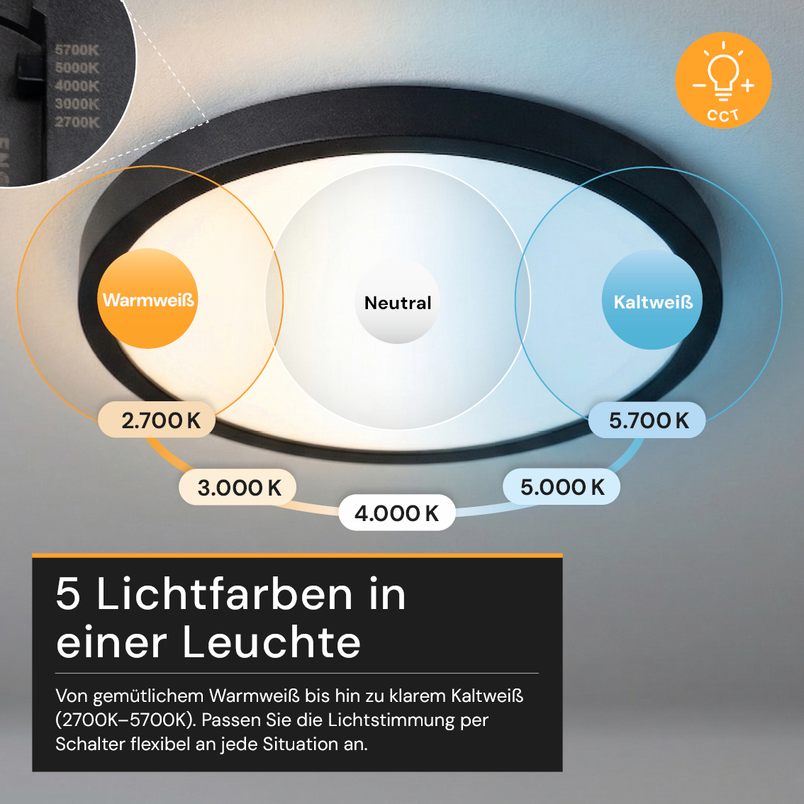LED CCT Panel, Ein-/Aufbau, Schwarz, 24 W, 2400 lm, Ø290 mm, 5CCT (2700 K– 5700 K), Lochdurchm. variabel, Anschlussbox.