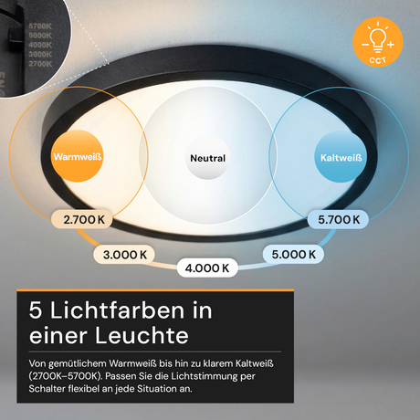 LED CCT Panel, Ein-/Aufbau, Schwarz, 24 W, 2400 lm, Ø290 mm, 5CCT (2700 K– 5700 K), Lochdurchm. variabel, Anschlussbox.