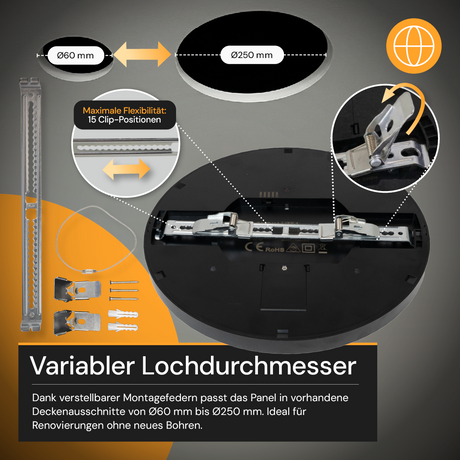 LED CCT Panel, Ein-/Aufbau, Schwarz, 24 W, 2400 lm, Ø290 mm, 5CCT (2700 K– 5700 K), Lochdurchm. variabel, Anschlussbox.
