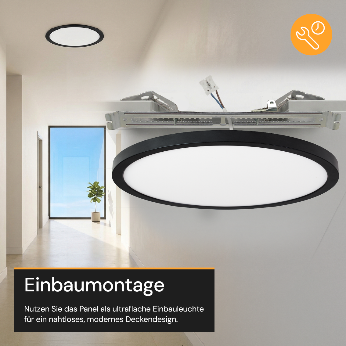 LED CCT Panel, Ein-/Aufbau, Schwarz, 24 W, 2400 lm, Ø290 mm, 5CCT (2700 K– 5700 K), Lochdurchm. variabel, Anschlussbox.