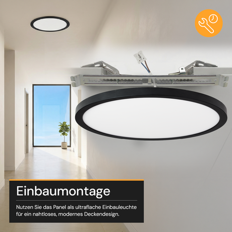 LED CCT Panel, Ein-/Aufbau, Schwarz, 24 W, 2400 lm, Ø290 mm, 5CCT (2700 K– 5700 K), Lochdurchm. variabel, Anschlussbox.