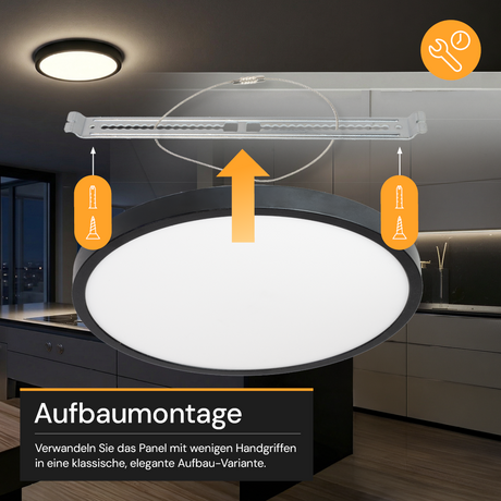 LED CCT Panel, Ein-/Aufbau, Schwarz, 24 W, 2400 lm, Ø290 mm, 5CCT (2700 K– 5700 K), Lochdurchm. variabel, Anschlussbox.