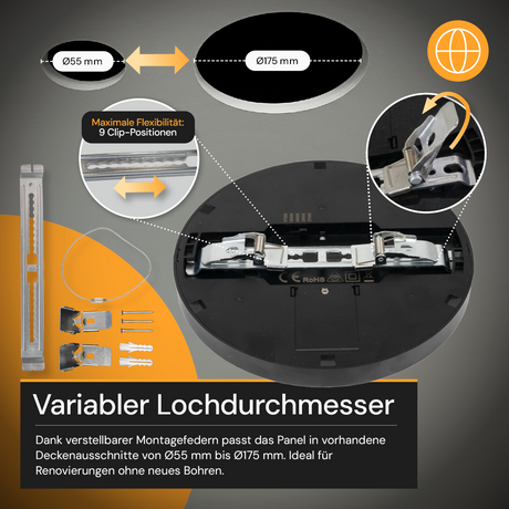 LED CCT Panel, Ein-/Aufbau, Schwarz, dimmbar, 18 W, 1800 lm, Ø215 mm, 5CCT (2700 K– 5700 K), Lochdurchm. variabel, Anschlussbox.