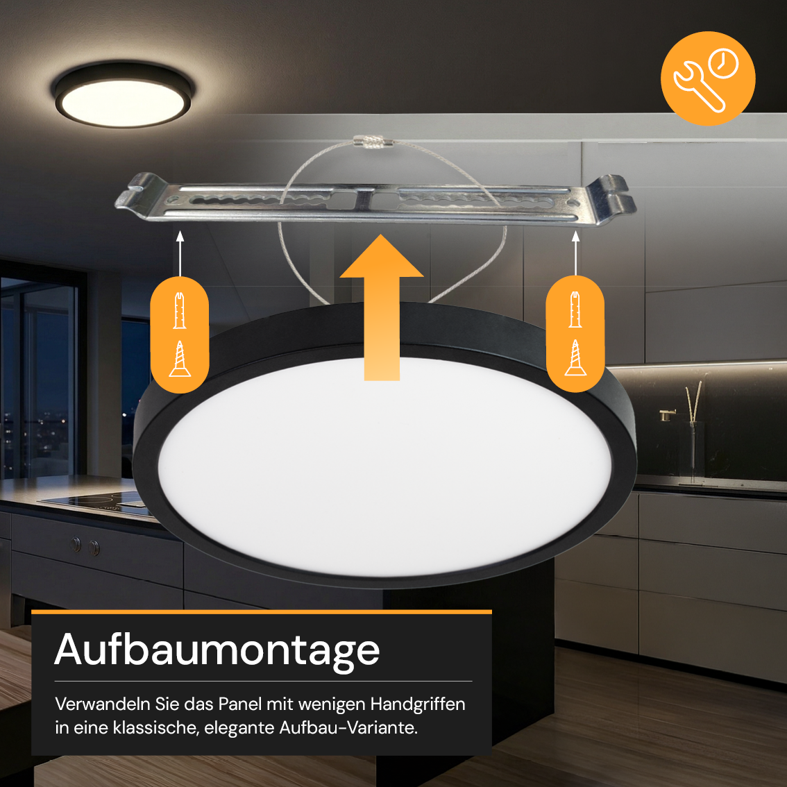 LED CCT Panel, Ein-/Aufbau, Schwarz, dimmbar, 18 W, 1800 lm, Ø215 mm, 5CCT (2700 K– 5700 K), Lochdurchm. variabel, Anschlussbox.