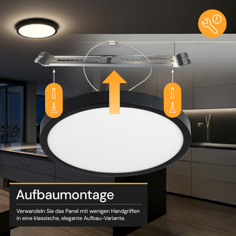 LED CCT Panel, Ein-/Aufbau, Schwarz, dimmbar, 18 W, 1800 lm, Ø215 mm, 5CCT (2700 K– 5700 K), Lochdurchm. variabel, Anschlussbox.