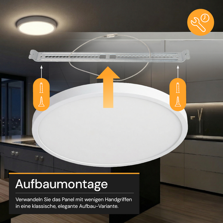 LED CCT Panel, Ein-/Aufbau, dimmbar, 24 W, 2400 lm, Ø290 mm, 5CCT (2700 K– 5700 K), Lochdurchm. variabel, Anschlussbox.