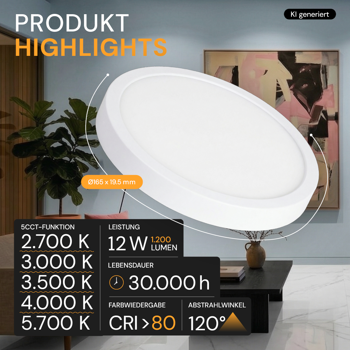 LED CCT Panel, Ein-/Aufbau, Bewegungssensor, 12 W, 1200 lm, Ø165 mm, 5CCT (2700 K– 5700 K), Lochdurchm. variabel, Anschlussbox.