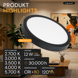 LED CCT Panel, Ein-/Aufbau, Bewegungssensor, Schwarz, 12 W, 1200 lm, Ø165 mm, 5CCT (2700 K– 5700 K), Lochdurchm. variabel, Anschlussbox