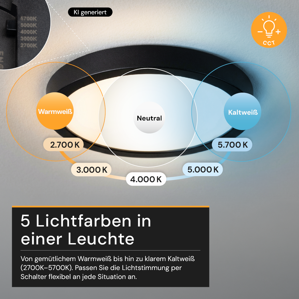 LED CCT Panel, Ein-/Aufbau, Bewegungssensor, Schwarz, 12 W, 1200 lm, Ø165 mm, 5CCT (2700 K– 5700 K), Lochdurchm. variabel, Anschlussbox