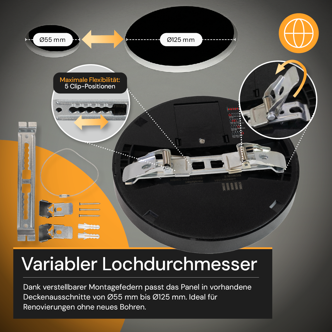 LED CCT Panel, Ein-/Aufbau, Bewegungssensor, Schwarz, 12 W, 1200 lm, Ø165 mm, 5CCT (2700 K– 5700 K), Lochdurchm. variabel, Anschlussbox