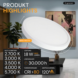 LED CCT Panel, Ein-/Aufbau, Bewegungssensor, 18 W, 1800 lm, Ø215 mm, 5CCT (2700 K– 5700 K), Lochdurchm. variabel, Anschlussbox