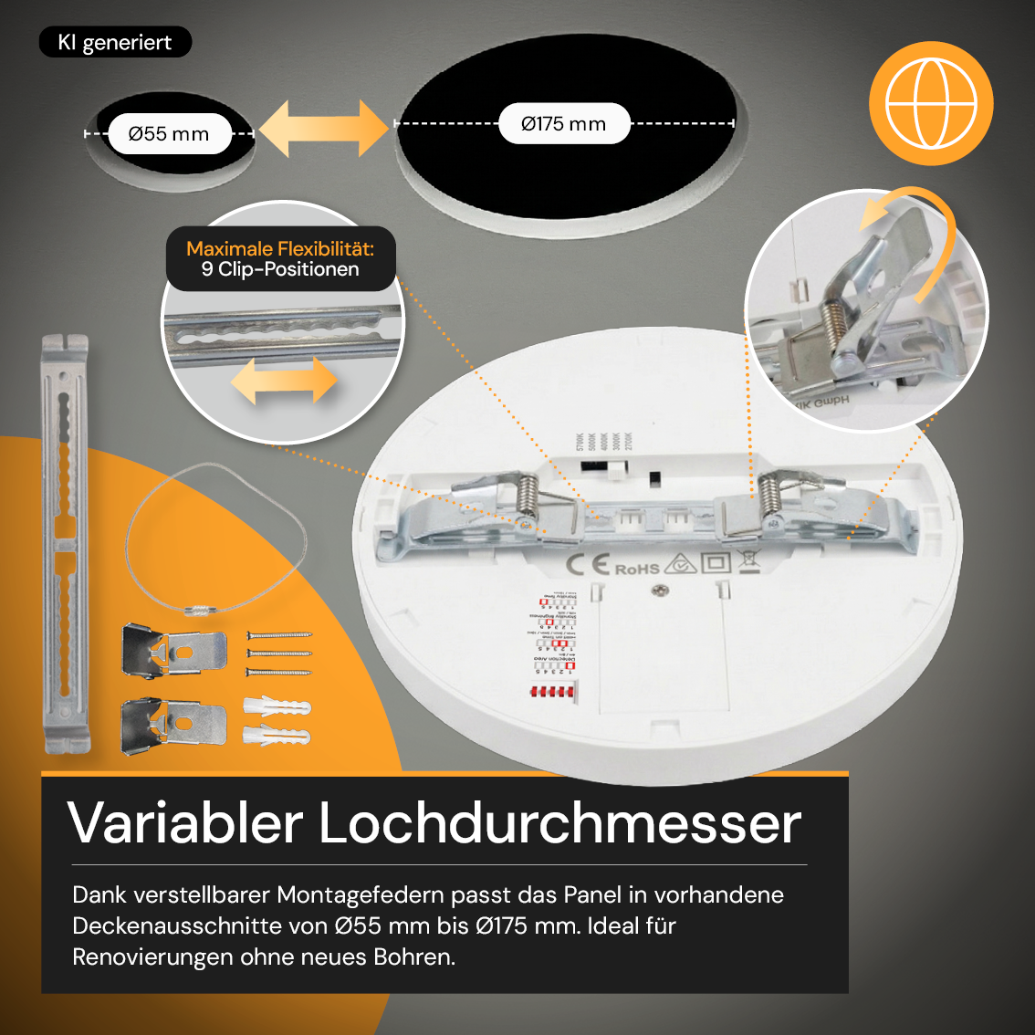 LED CCT Panel, Ein-/Aufbau, Bewegungssensor, 18 W, 1800 lm, Ø215 mm, 5CCT (2700 K– 5700 K), Lochdurchm. variabel, Anschlussbox