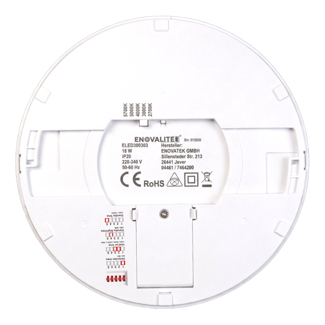 LED CCT Panel, Ein-/Aufbau, Bewegungssensor, 18 W, 1800 lm, Ø215 mm, 5CCT (2700 K– 5700 K), Lochdurchm. variabel, Anschlussbox