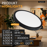 LED CCT Panel, Ein-/Aufbau, Schwarz, Bewegungssensor, 18 W, 1800 lm, Ø215 mm, 5CCT (2700 K– 5700 K), Lochdurchm. variabel, Anschlussbox