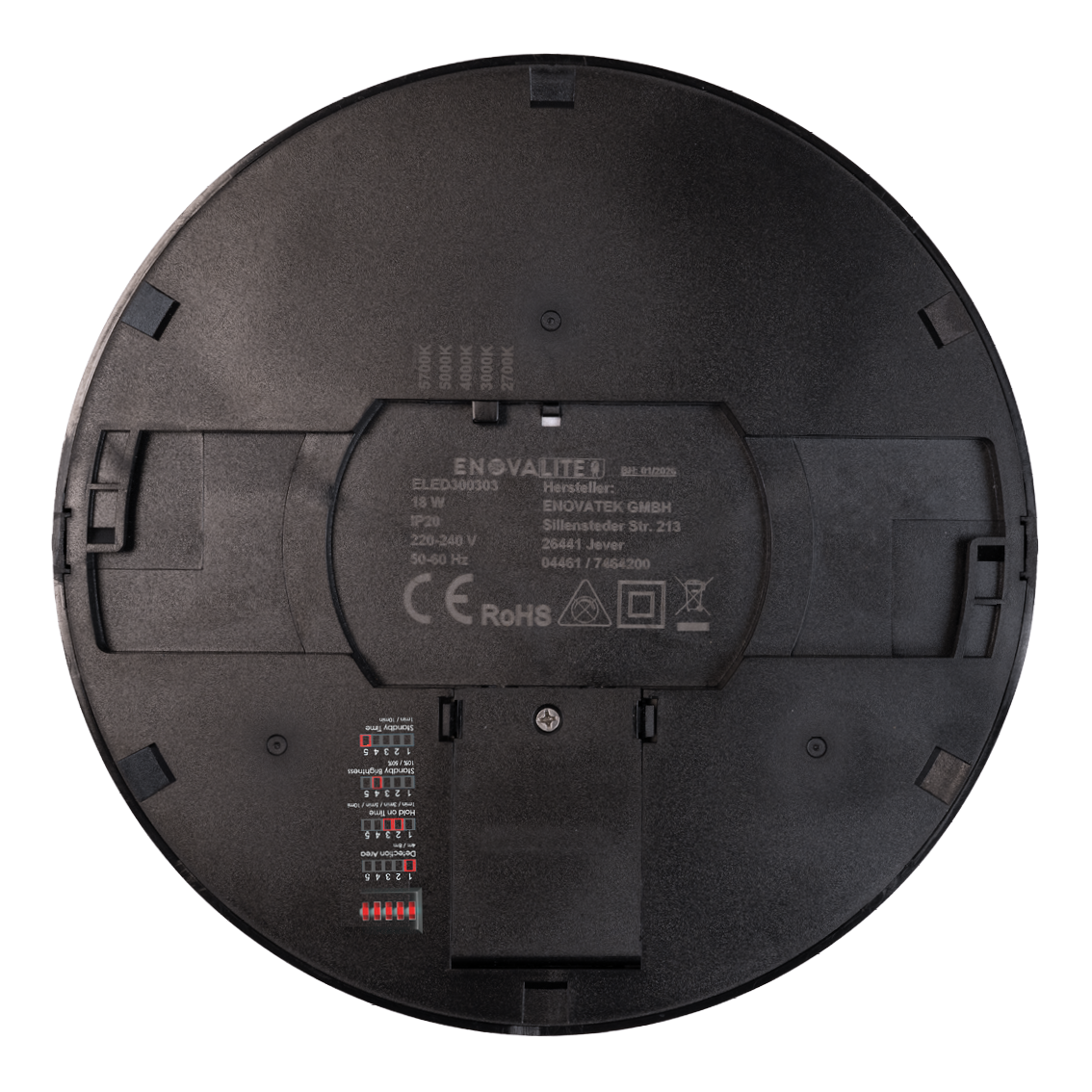 LED CCT Panel, Ein-/Aufbau, Schwarz, Bewegungssensor, 18 W, 1800 lm, Ø215 mm, 5CCT (2700 K– 5700 K), Lochdurchm. variabel, Anschlussbox