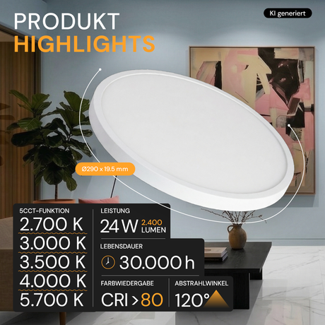 LED CCT Panel, Ein-/Aufbau, Bewegungssensor, 24 W, 2400 lm, Ø290 mm, 5CCT (2700 K– 5700 K), Lochdurchm. variabel, Anschlussbox