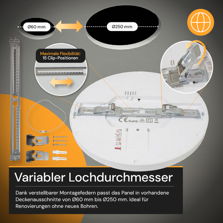 LED CCT Panel, Ein-/Aufbau, Bewegungssensor, 24 W, 2400 lm, Ø290 mm, 5CCT (2700 K– 5700 K), Lochdurchm. variabel, Anschlussbox