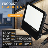 LED Fluter PRO mit einstellbarer Leistung (100 W / 80 W / 60 W), 4000 K, bis zu 15.000 lm, IP66, IK08, 0–10 V dimmbar, inkl. Quick-Anschluss