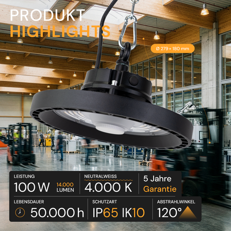 LED-HighBay, Profi-UFO, 100 W, 14000 lm, 4000 K (neutralweiß), IP65, LIFUD, Lumileds LEDs