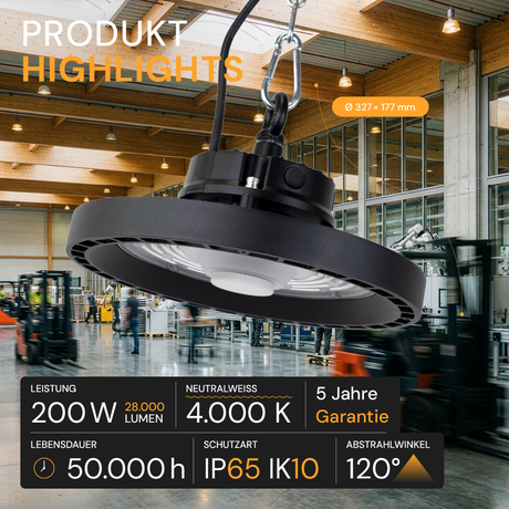 LED-HighBay, Profi-UFO, 200 W, 28000 lm, 4000 K (neutralweiß), IP65, LIFUD, Lumileds LEDs