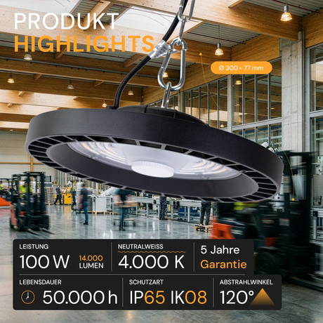 LED-HighBay, UFO, 100 W, 14000 lm, 4000 K (neutralweiß), IP65,LIFUD, LUMILEDS LEDs