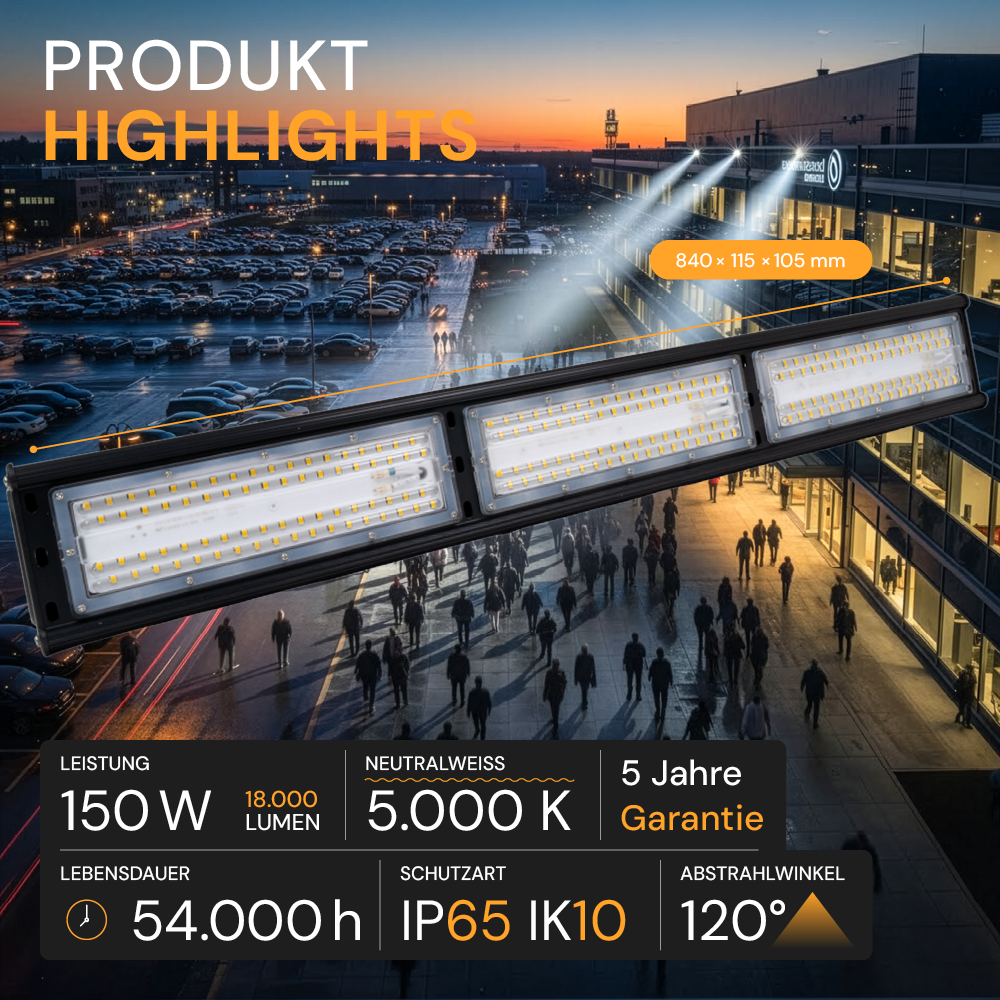 2er Pack LED-Hallenleuchte, linear, 150 W, 18000 lm, 5000 K (neutralweiß), IP65, ENEC-Zertifizierung, schwarz