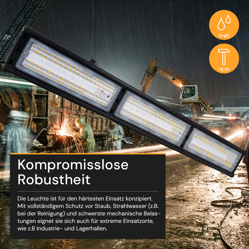 LED-Hallenleuchte, linear, 150 W, 18000 lm, 5000 K (neutralweiß), IP65, ENEC-Zertifizierung, schwarz