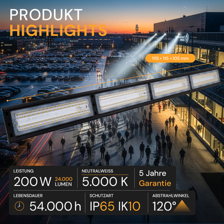 2er Pack LED-Hallenleuchte, linear, 200 W, 24000 lm, 5000 K (neutralweiß), IP65, ENEC-Zertifizierung, schwarz