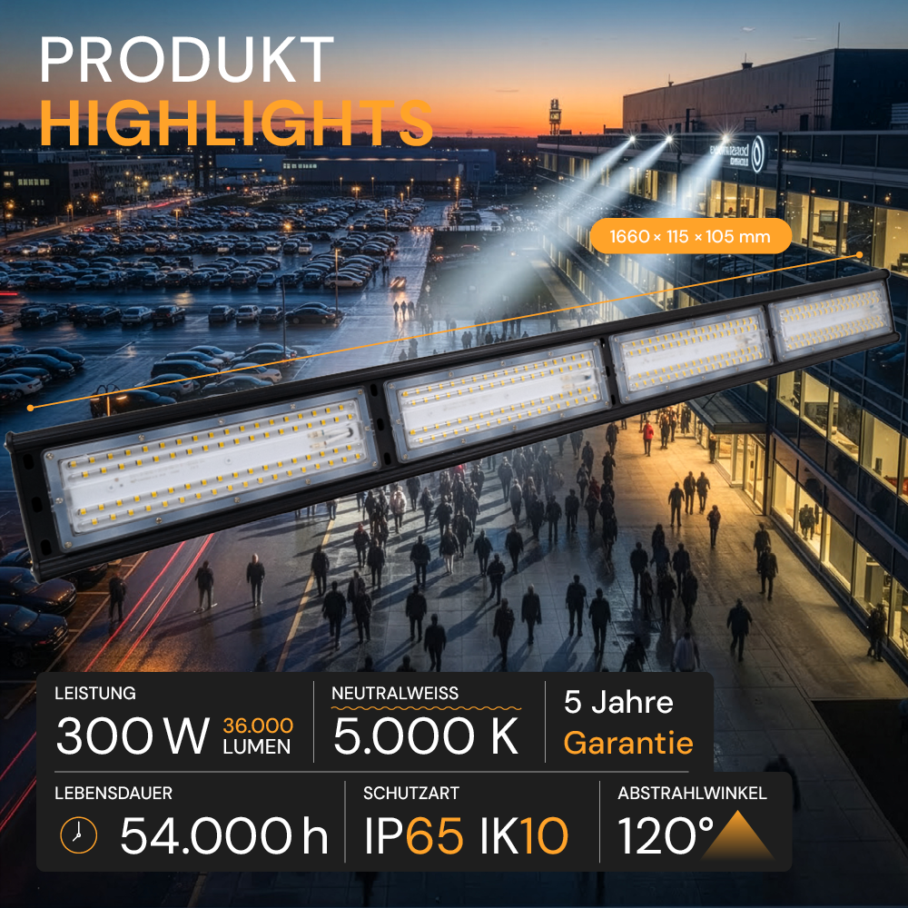 LED-Hallenleuchte, linear, 300 W, 36000 lm, 5000 K (neutralweiß), IP65, ENEC-Zertifizierung, schwarz