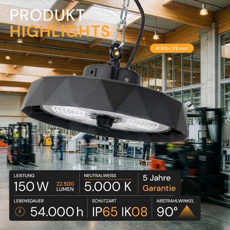 LED-HighBay PRO, Diamant Design, 150 W, 22500 lm, 5000 K (neutralweiß), IP65, Philips Netzteil, Lumileds LED