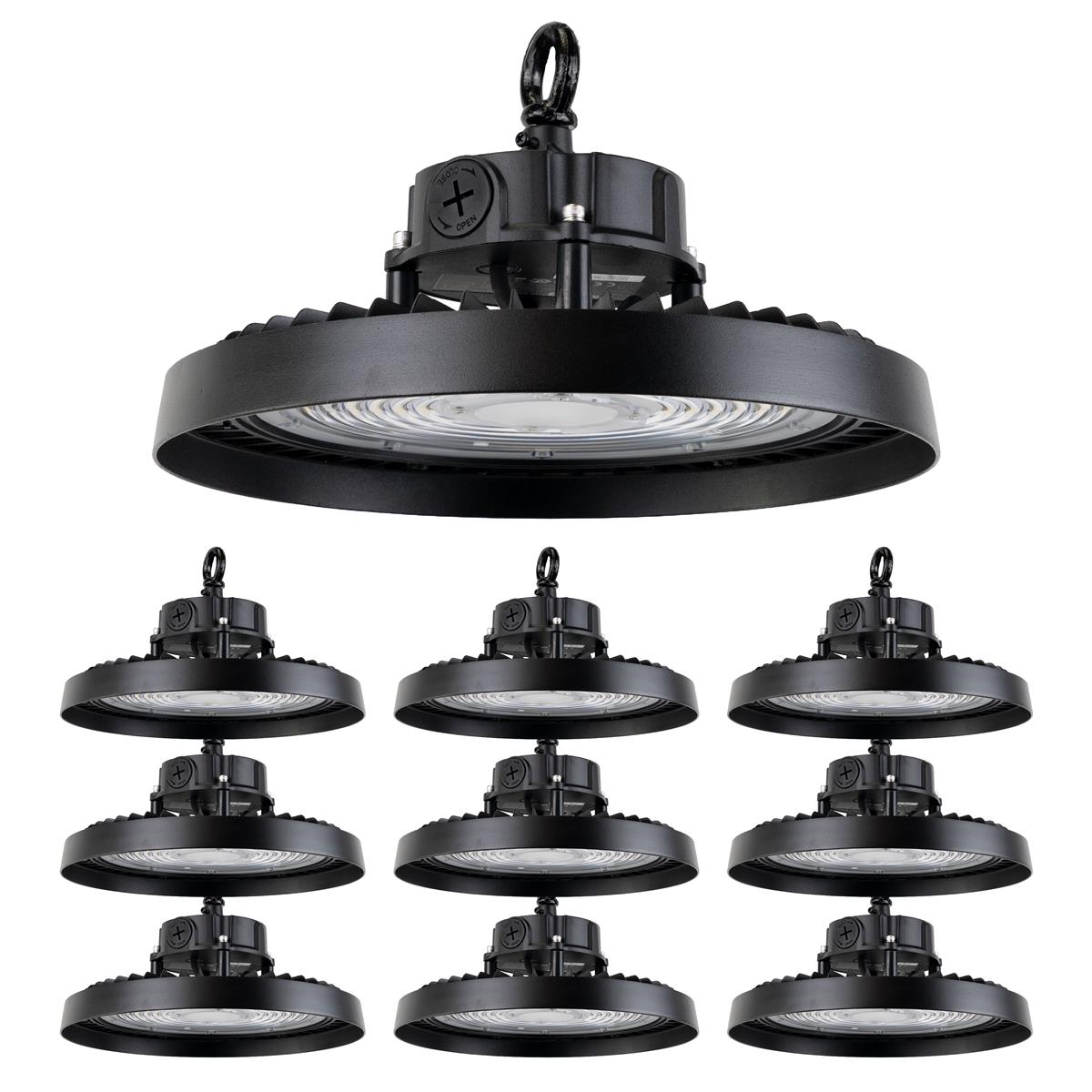 LED-Hallenstrahler, UFO, Leistung einstellbar, 100/150/200 W, 4000 K (neutralweiß), 17000-34000 lm, IP65, LIFUD, 0-10V dimmbar, 3-in-1 Leuchte, hohe Energieeffizienz