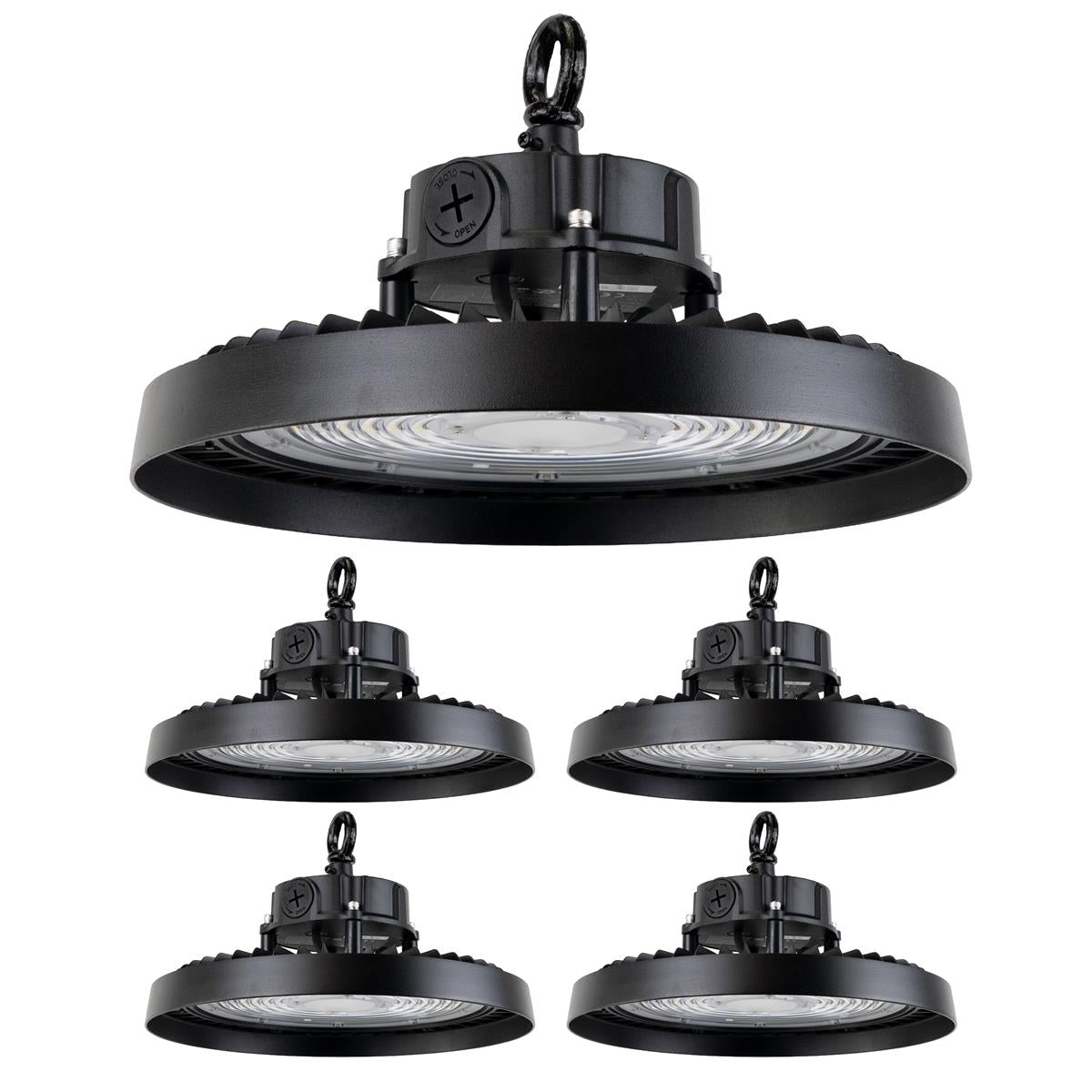 LED-Hallenstrahler, UFO, Leistung einstellbar, 100/150/200 W, 4000 K (neutralweiß), 17000-34000 lm, IP65, LIFUD, 0-10V dimmbar, 3-in-1 Leuchte, hohe Energieeffizienz