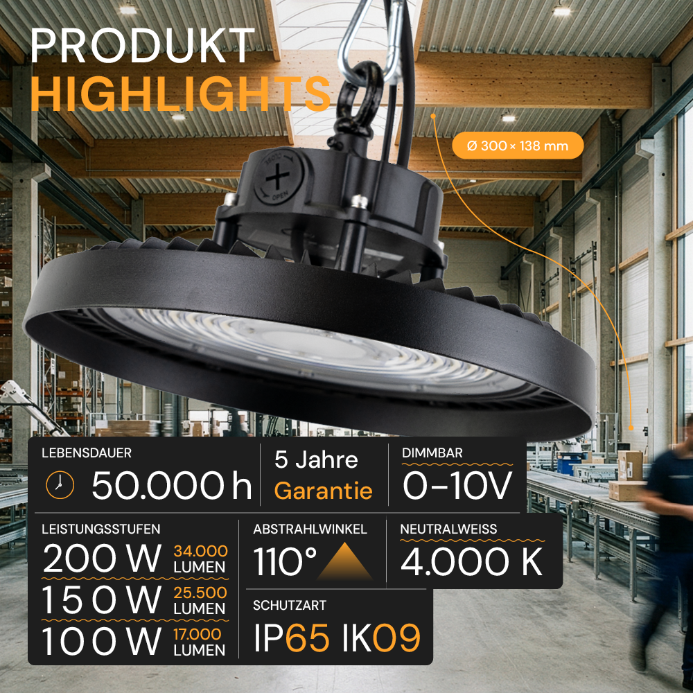 LED-Hallenstrahler, UFO, Leistung einstellbar, 100/150/200W, 4000 K (neutralweiß), 17000-34000 lm, IP65, LIFUD, 0-10V dimmbar, 3-in-1 Leuchte, hohe Energieeffizienz