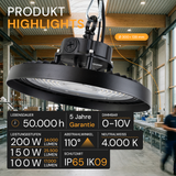 LED-Hallenstrahler, UFO, Leistung einstellbar, 100/150/200W, 4000 K (neutralweiß), 17000-34000 lm, IP65, LIFUD, 0-10V dimmbar, 3-in-1 Leuchte, hohe Energieeffizienz