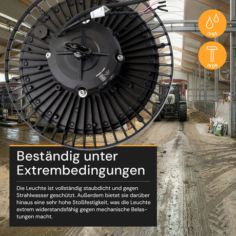 LED-Hallenstrahler, 200 W, 34000 lm, 4000 K, schwarz, Ø 30 cm, anpassbare Leistung, dimmbar