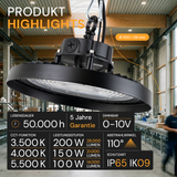 LED-HighBay, UFO, Leistung und Lichtfarbe einstellbar, 100/150/200 W, 3500-5500 K, 14000-28000 lm, IP65, LIFUD, 0-10V dimmbar, 9-in-1 Leuchte, energieeffizient