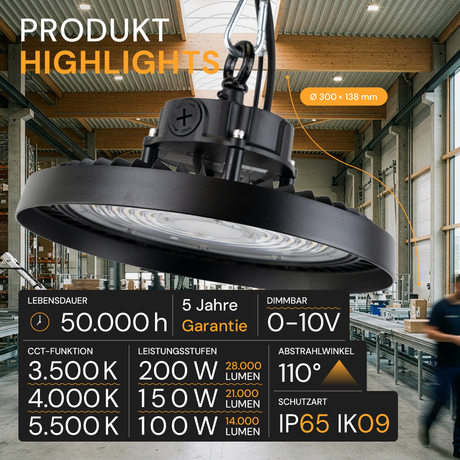 LED-HighBay, UFO, Leistung und Lichtfarbe einstellbar, 100/150/200 W, 3500-5500 K, 14000-28000 lm, IP65, LIFUD, 0-10V dimmbar, 9-in-1 Leuchte, energieeffizient