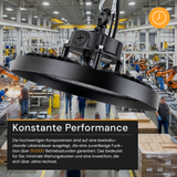 LED-HighBay, UFO, Leistung und Lichtfarbe einstellbar, 100/150/200 W, 3500-5500 K, 14000-28000 lm, IP65, LIFUD, 0-10V dimmbar, 9-in-1 Leuchte, energieeffizient
